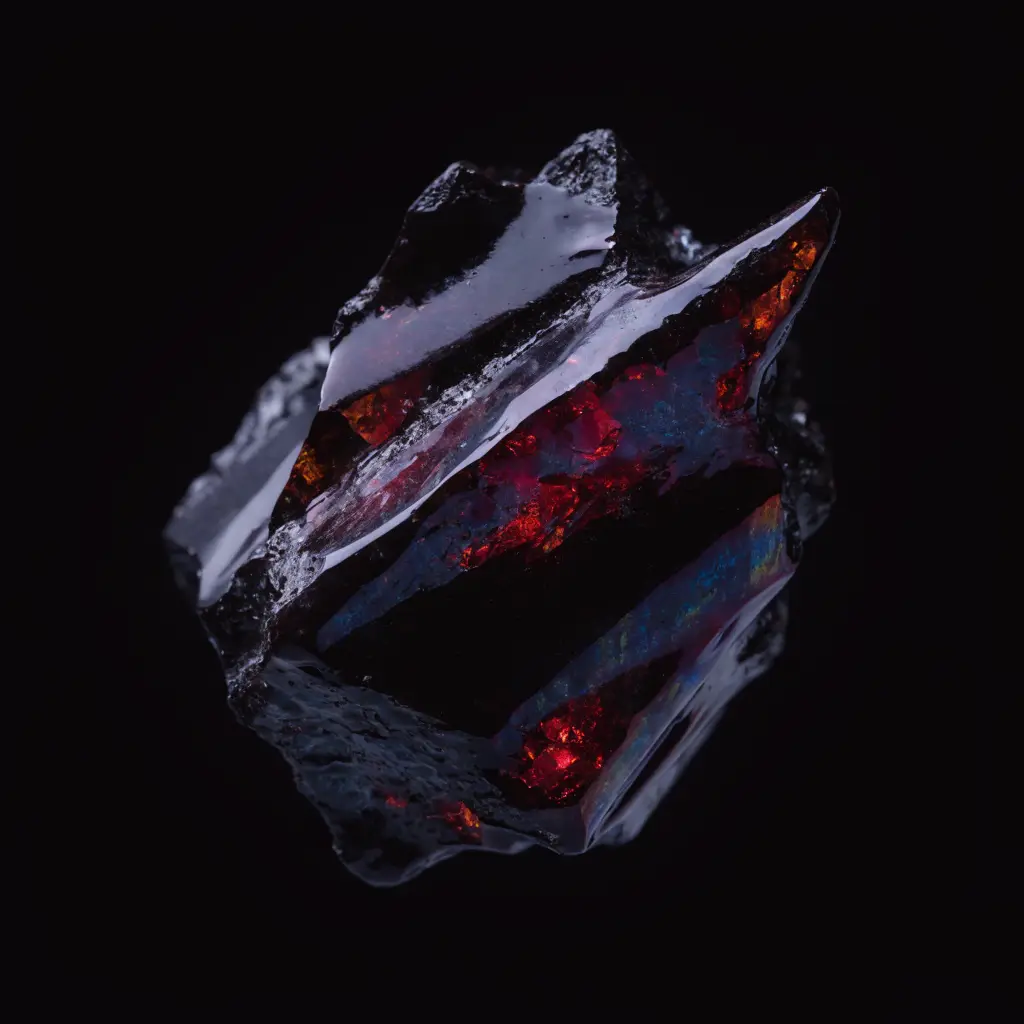 A near-black obsidian specimen glowing crimson and ember-orange from within its facets.