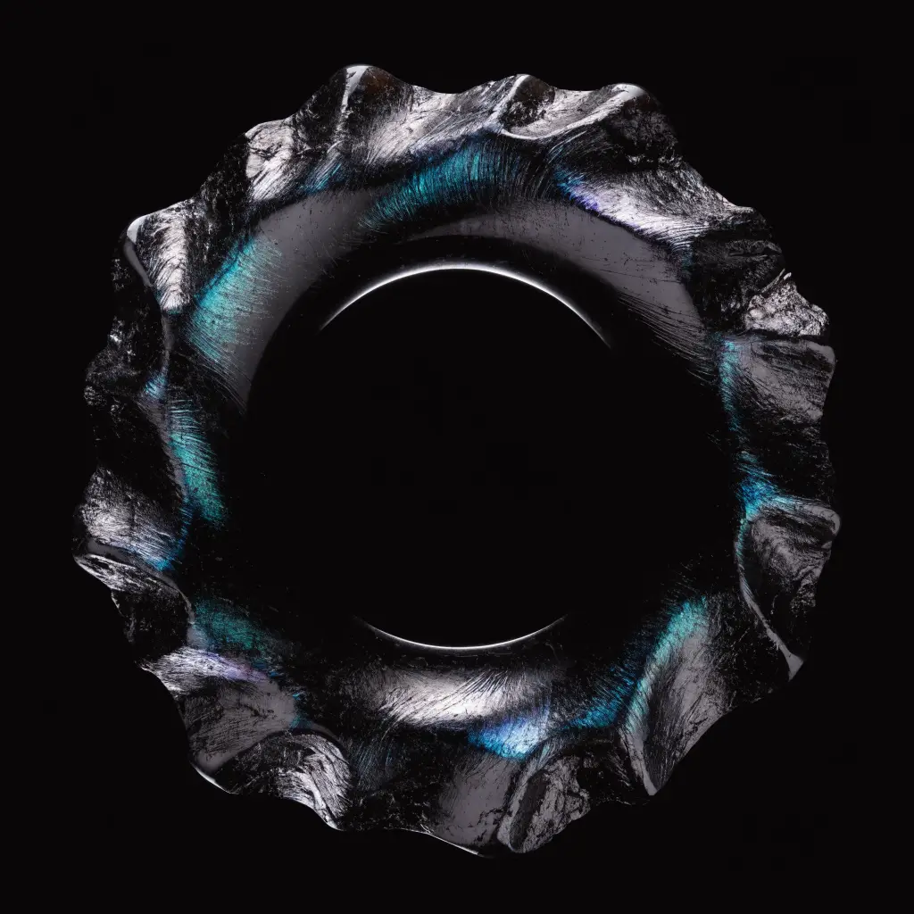 A ring of black iridescent glass formed around a perfectly dark hollow centre with teal edges.
