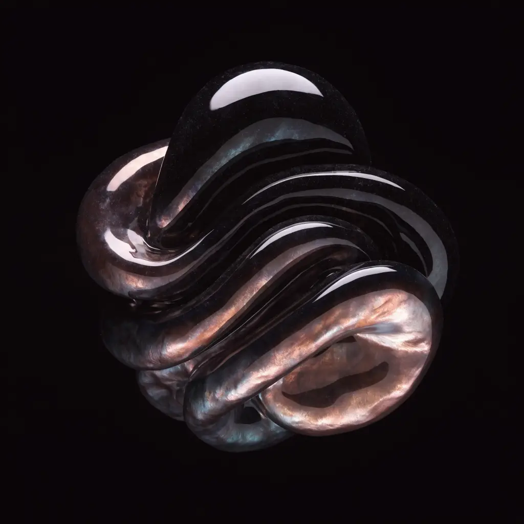 A pearlescent black specimen with rose-gold and champagne mother-of-pearl folds.