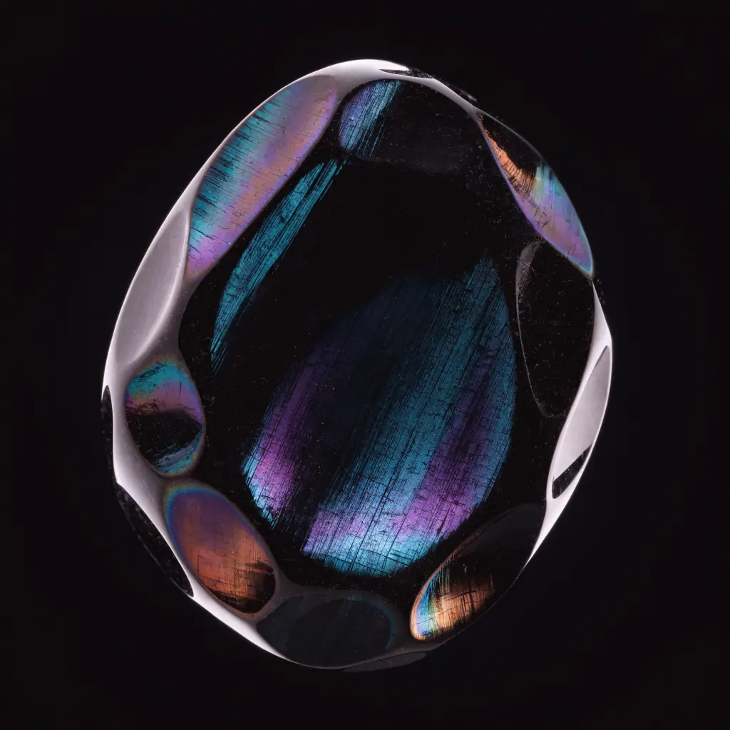 Specimen 01: a rounded obsidian crystal with an oil-slick iridescent sheen shifting through teal, violet, magenta and gold on a black field.