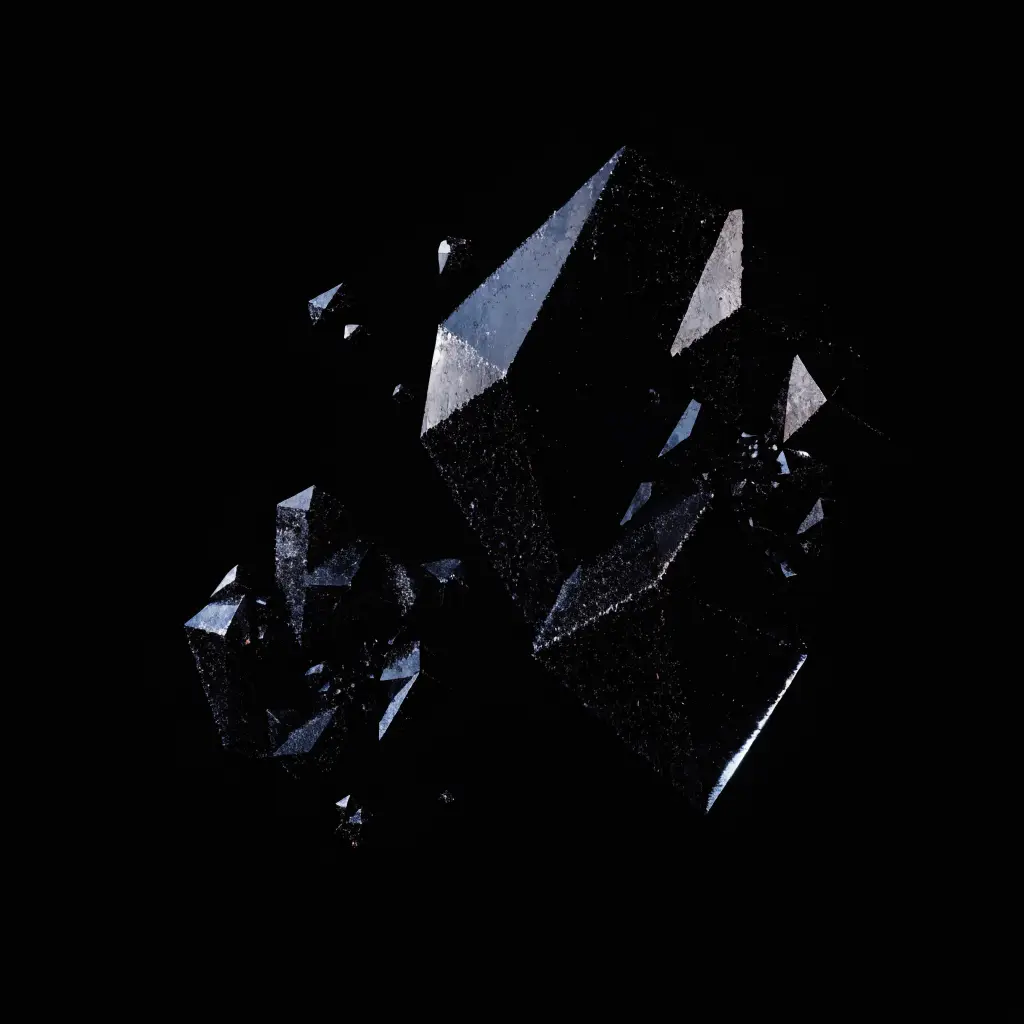 Angular black crystals of volcanic glass with cold blue and silver iridescent edges.